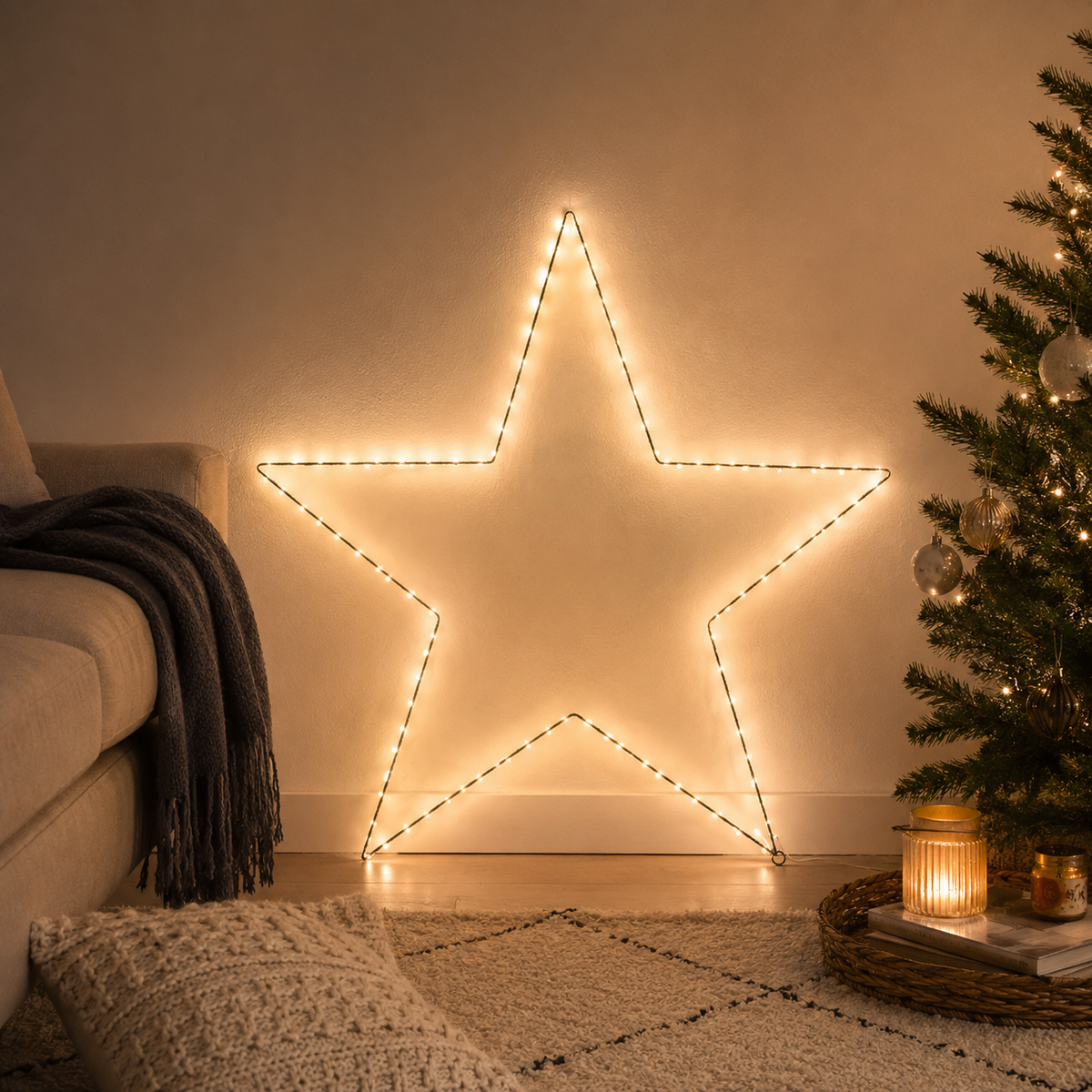 Lighted Star Frame Decorative Ambient Lighting 120 LED Warm White Fairy Lights Large Metal Frame