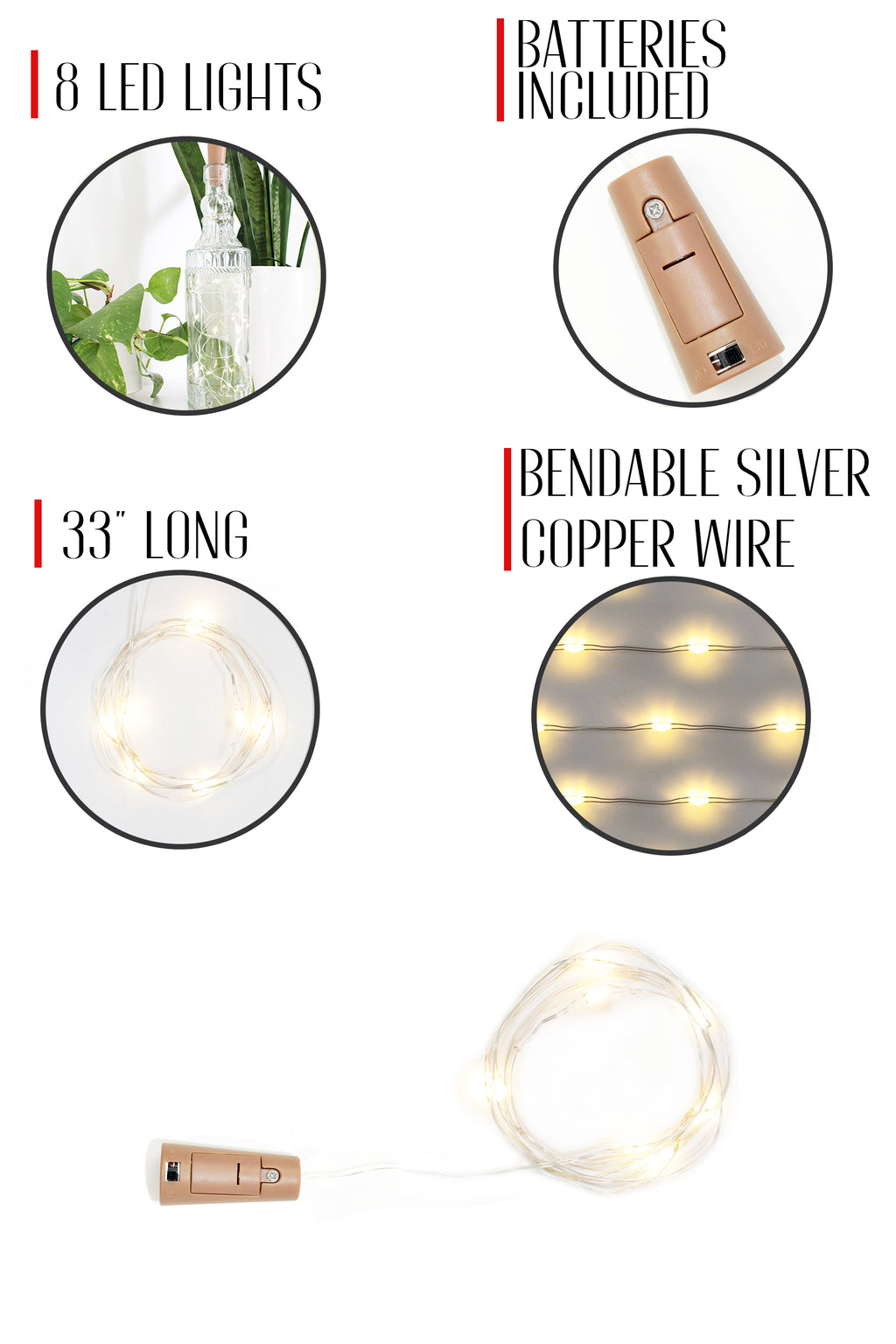 Pack of 10 Twinkle LED Bottle Cork Lights - Warm White (Bottle Not Included)