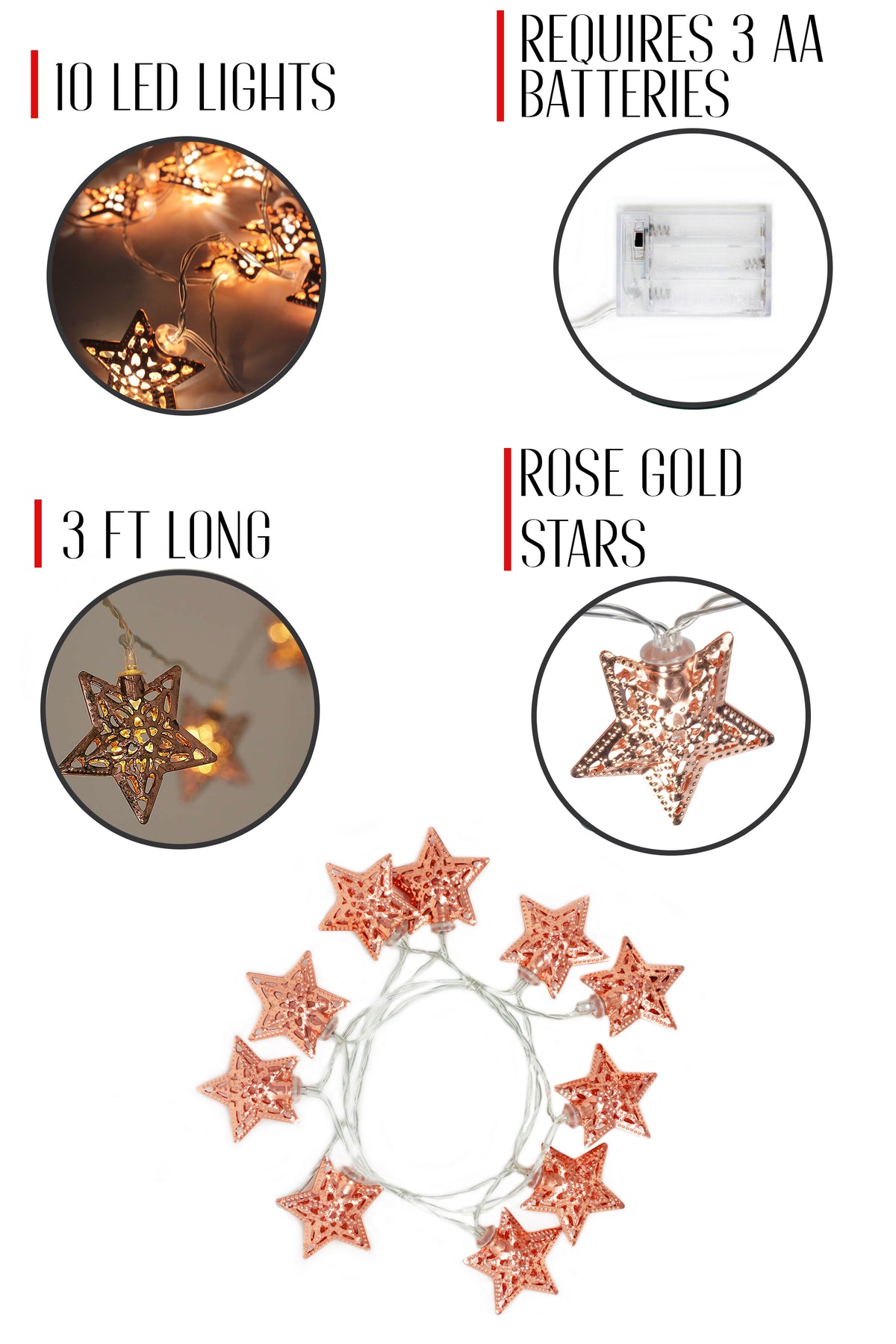 10 LED Rose Gold Star String Light Battery Operated - Warm White