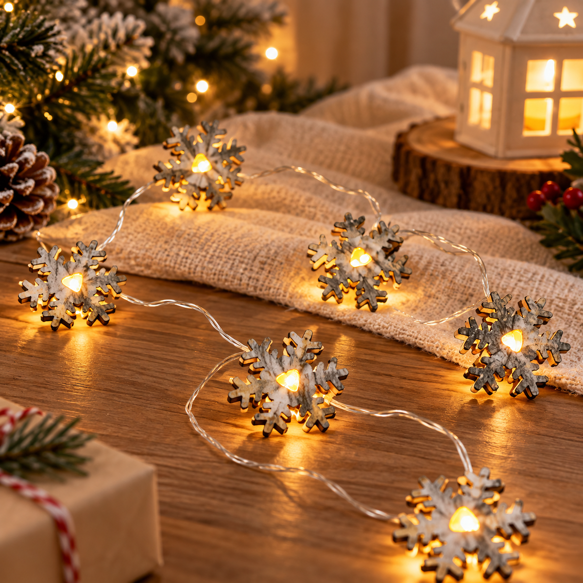 10 LED Battery Operated String Light with Wooden Snowflake - Warm White
