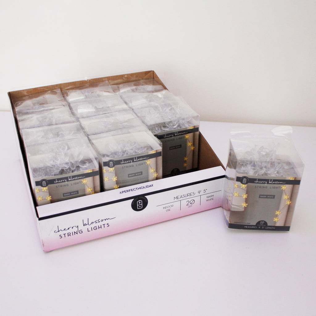 20 LED 5MM LIGHTS WITH CHERRY BLOSSOM FLOWERS, 12"LEAD, 6" SPACING.REQUIRED 3 AA BATTERY BOX