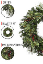 24" Unlit Jasper Mixed Pine Wreath with Pine Cones & Red Berry Clusters