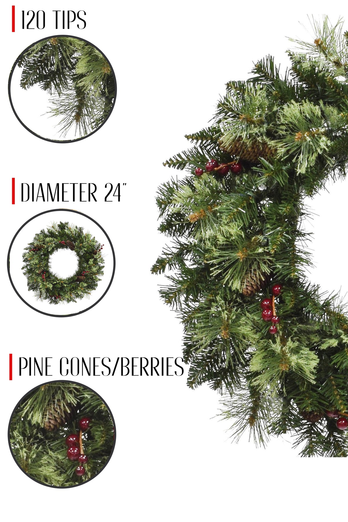 24" Unlit Jasper Mixed Pine Wreath with Pine Cones & Red Berry Clusters