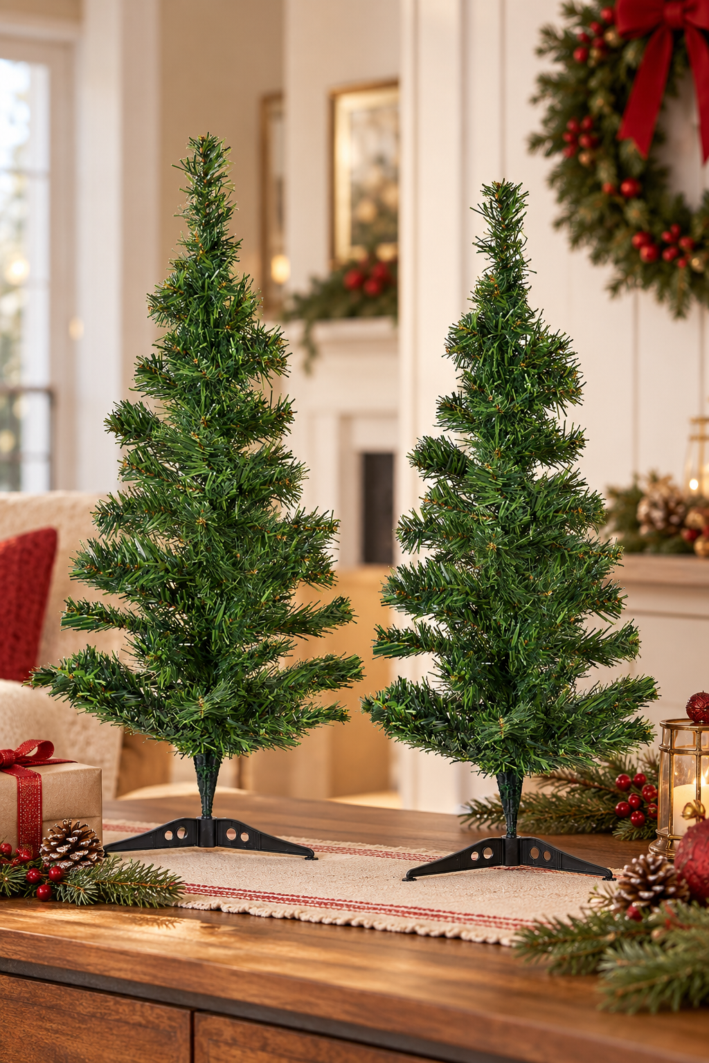 2' Green Tabletop Tree Set with Stands, Set of 2