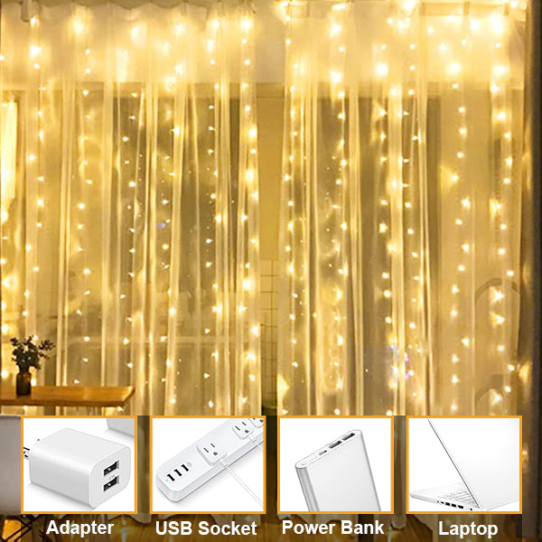 Golden Theme 300 LED 9ftx9ft USB Fairy Curtain Fairy Light with Remote