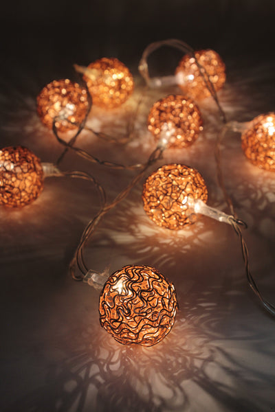 8 LED Rose Gold Woven Copper Balls (Warm White) - Battery Operated