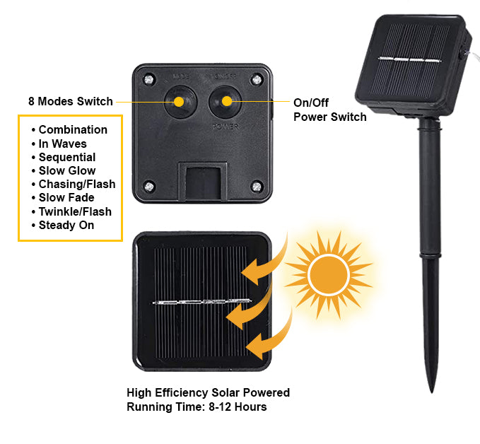 8 Modes Switch Solar Powered 100 LED Copper Wire Fairy Light 32'