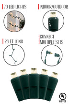 23 Feet Long 70 LED Indoor/Outdoor Wide Angle 5MM LED Green Cable Christmas String Lights - Warm White