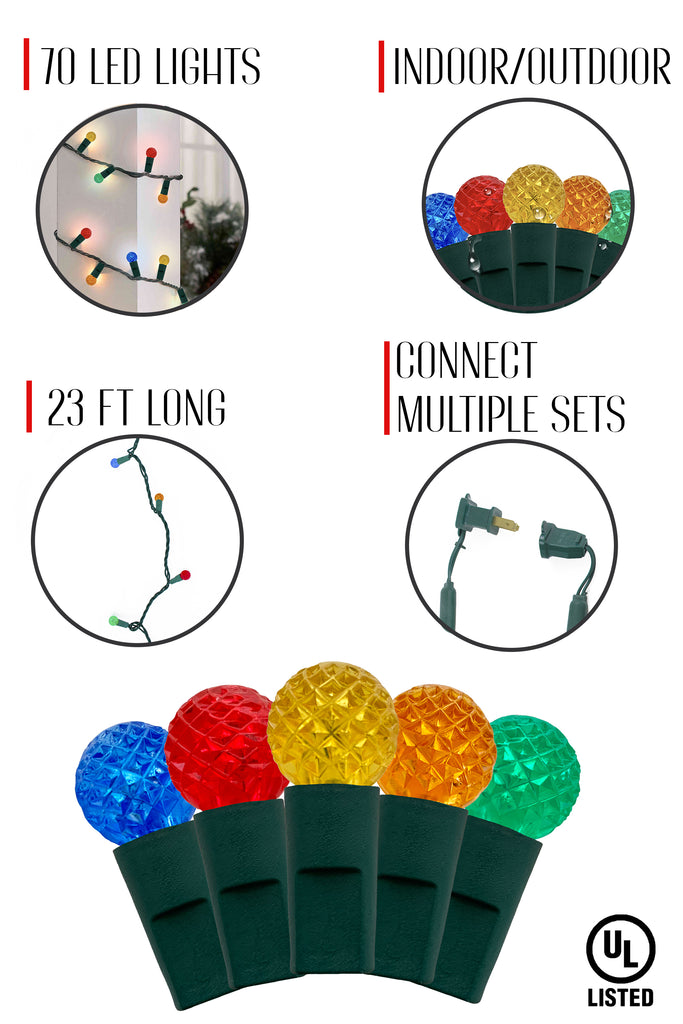23 Feet Long 70 LED Indoor/Outdoor G12 Round Bulb Green Cable Christmas String Lights - Multicolor