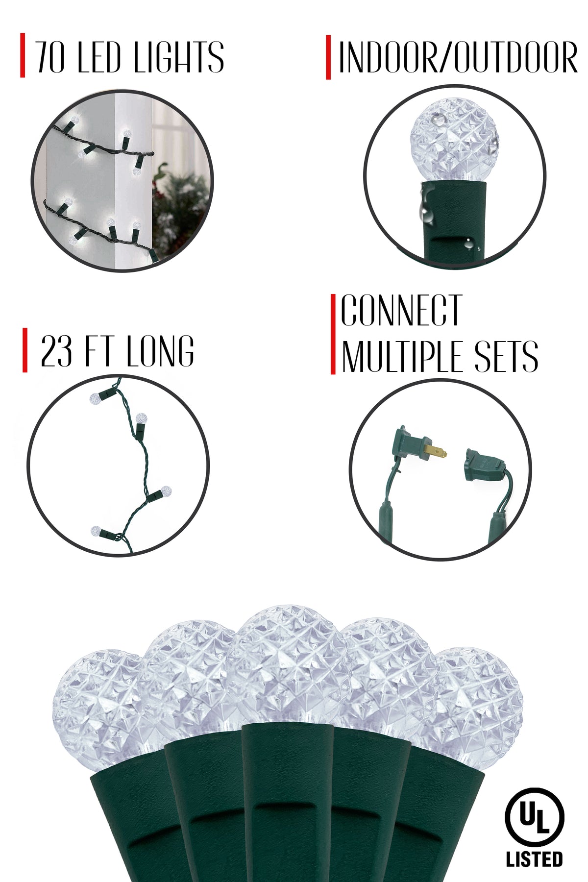 Snow Theme 23 Feet Long 70 LED Indoor/Outdoor G12 Round Bulb Green Cable Christmas String Lights - Cool White