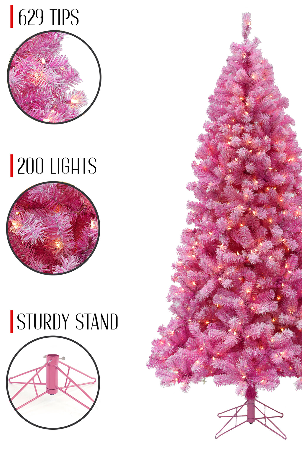 629 Tios 200 Lights Prelit Pink Christmas Tree with Silver Tinsel Needles Warm White Lights