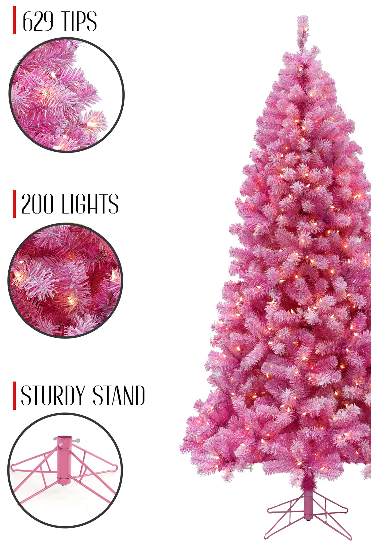 629 Tios 200 Lights Prelit Pink Christmas Tree with Silver Tinsel Needles Warm White Lights