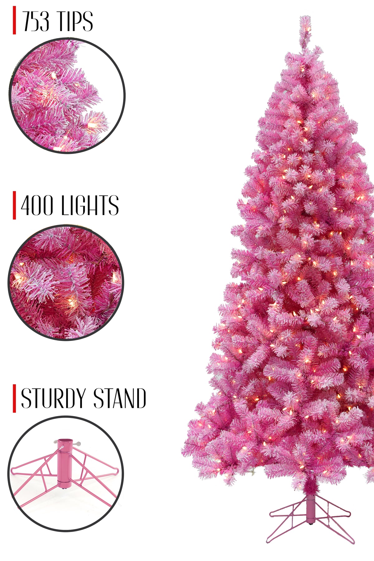 753 Tips 400 Lights Prelit Pink Christmas Tree with Silver Tinsel Needles Warm White Lights