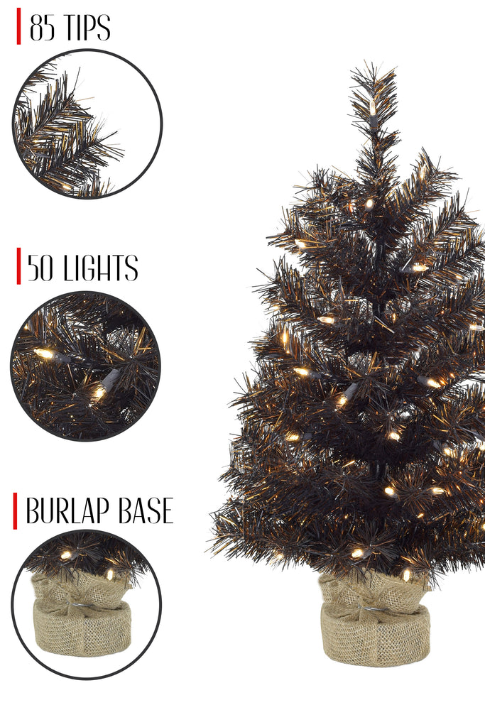 50 Light mode 24" Tabletop Matte Black Gold Tinsel Holiday Tree