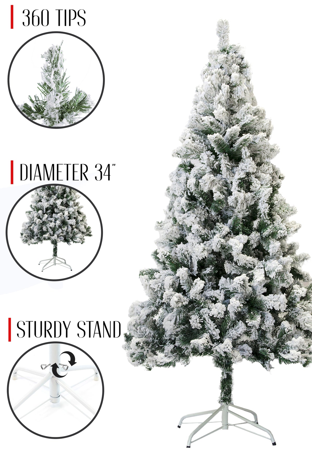 360 Tips 34' Diameter Perfect Holiday 4ft-7ft Snow Flocked Christmas Tree
