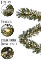 120 Tips 6' Pre-lit Snow Dusted Nulato Pine Garland with Silver Ornaments & Glitter Berry Clusters
