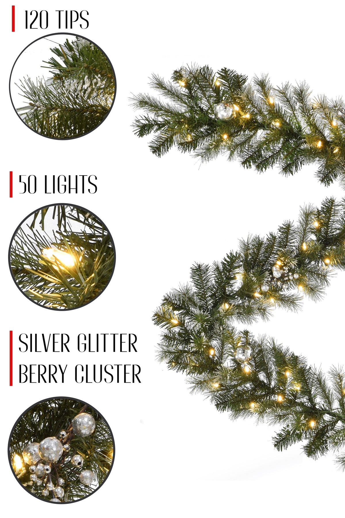 120 Tips 6' Pre-lit Snow Dusted Nulato Pine Garland with Silver Ornaments & Glitter Berry Clusters