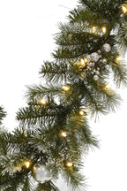 Perfect Christmas Decoration 6' Pre-lit Snow Dusted Nulato Pine Garland with Silver Ornaments & Glitter Berry Clusters