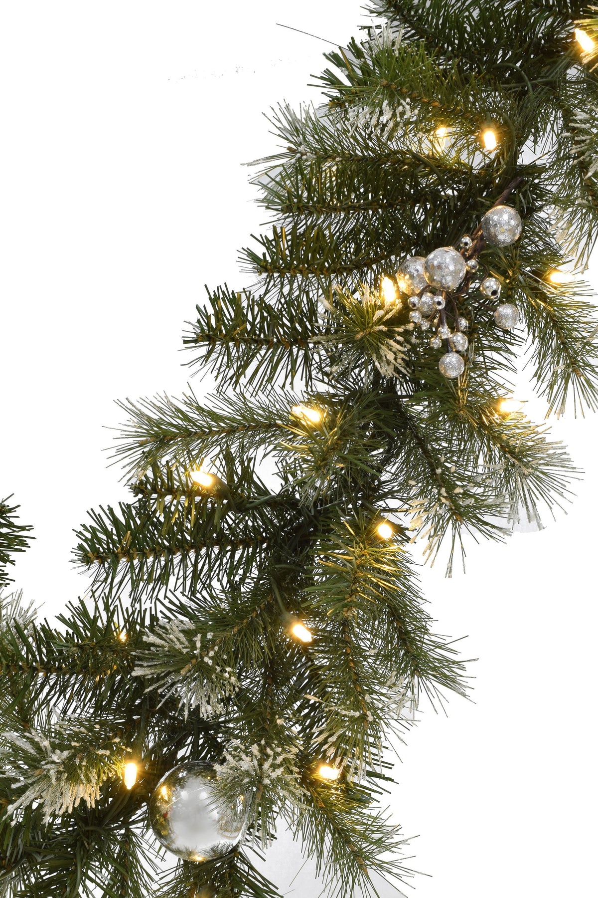 Perfect Christmas Decoration 6' Pre-lit Snow Dusted Nulato Pine Garland with Silver Ornaments & Glitter Berry Clusters