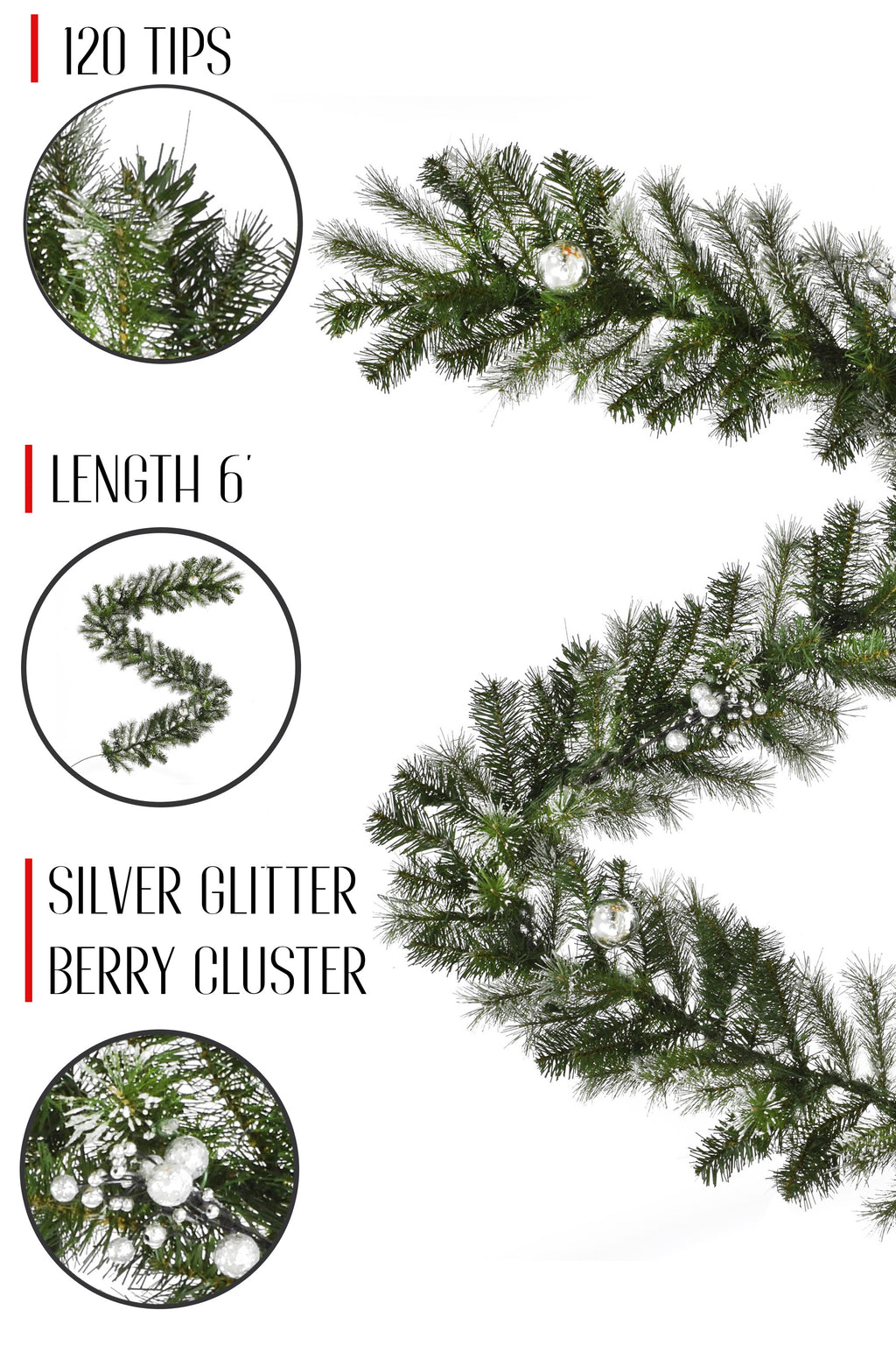 120 Tips 6' Snow Dusted Nulato Pine Garland with Silver Ornaments & Glitter Berry Clusters