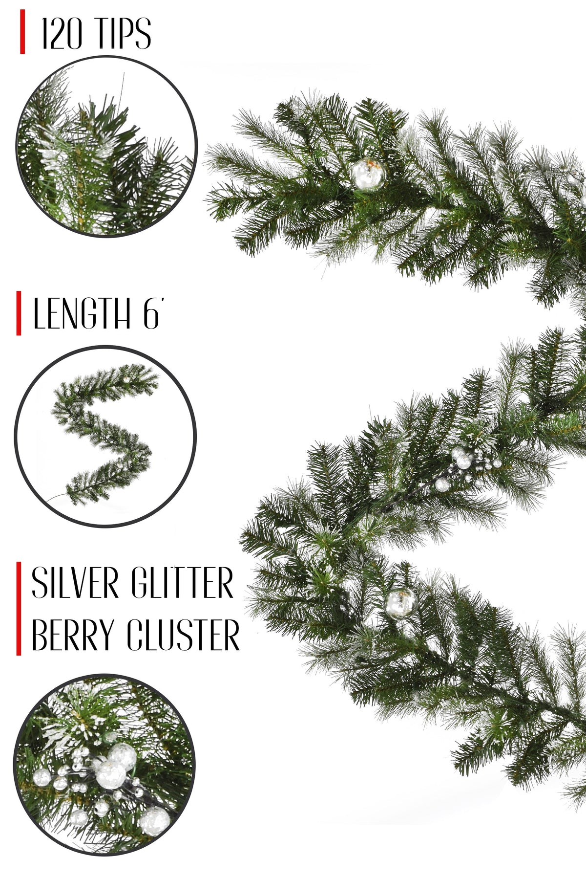 120 Tips 6' Snow Dusted Nulato Pine Garland with Silver Ornaments & Glitter Berry Clusters