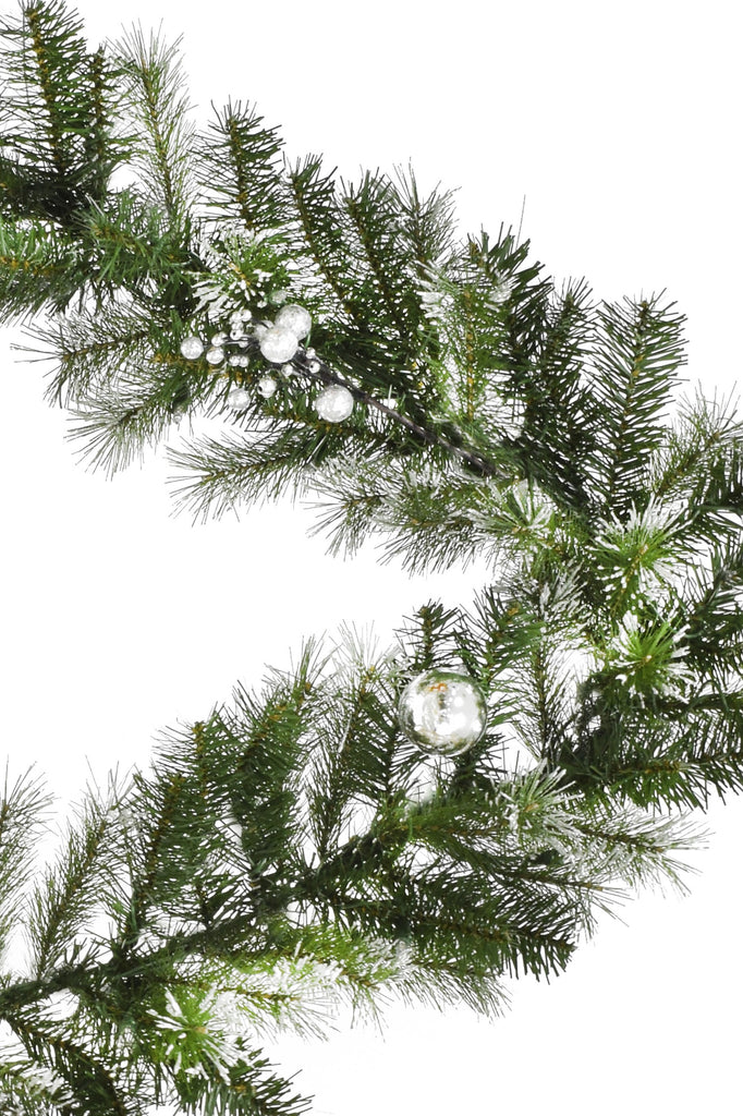 Perfect Christmas Decoration 6' Snow Dusted Nulato Pine Garland with Silver Ornaments & Glitter Berry Clusters