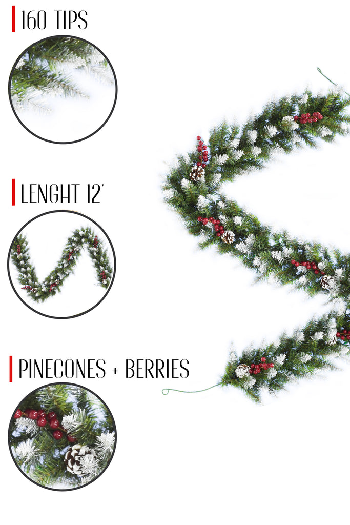 12' Lenght 6' Snow Flocked Camdon Fir Garland with Pine Cones & Berry Clusters