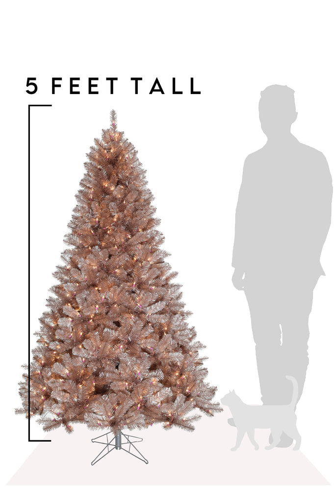 Christmas 5' Pre-lit Multifunction Rose Gold Oregon Fir Tinsel Tree with Metal Stand and Instant Connect