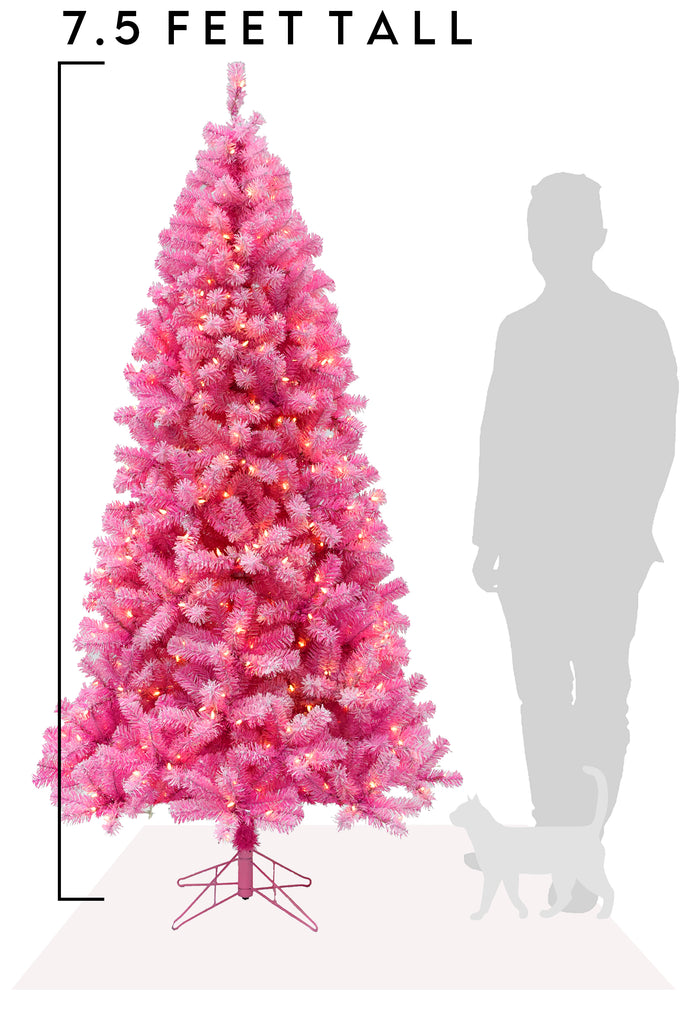7.5 FT Prelit Pink Christmas Tree with Silver Tinsel Needles Warm White Lights