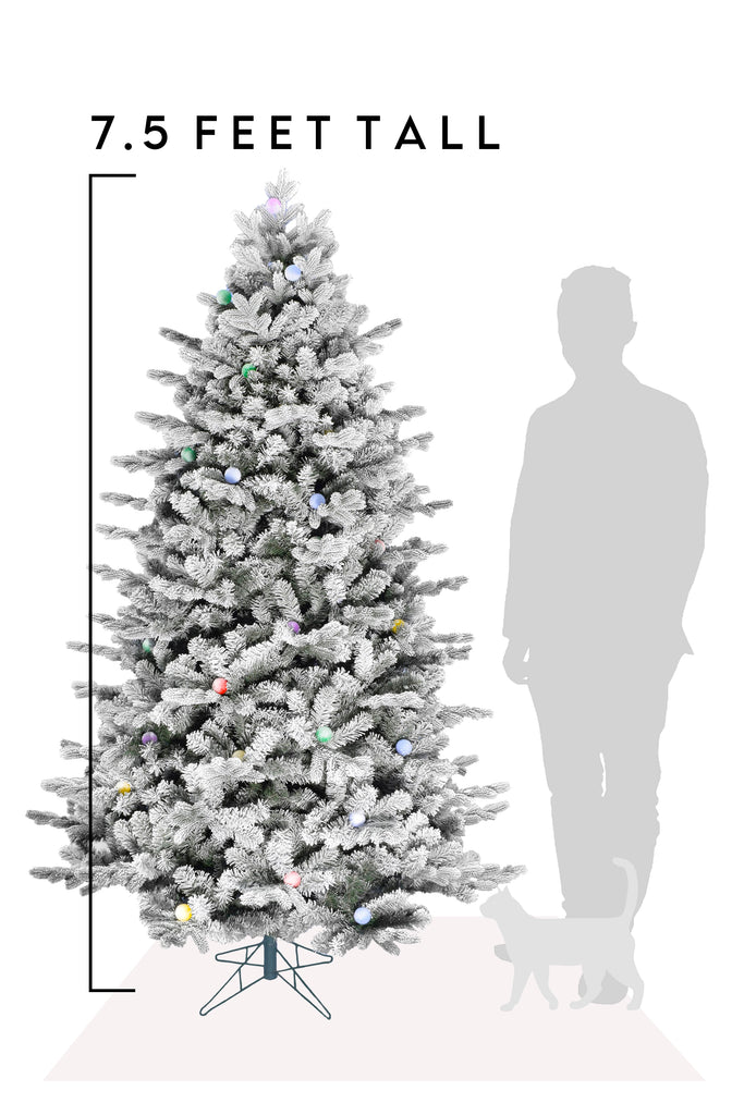 7.5 Feet Tall Pre-lit Large Bulb Snow Flocked Grand Noble Fir with Metal Stand - Instant Connect Feature