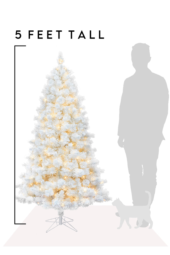 5 Feet Tall Pre-lit White Snow Flocked Castle Pine Christmas Tree with Metal Stand and Instant Connect