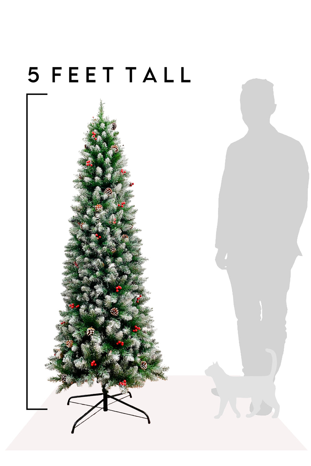 5 Feet Tall Frosted Norwood Pencil Pine with Pine Cones & Red Berries and Metal Stand