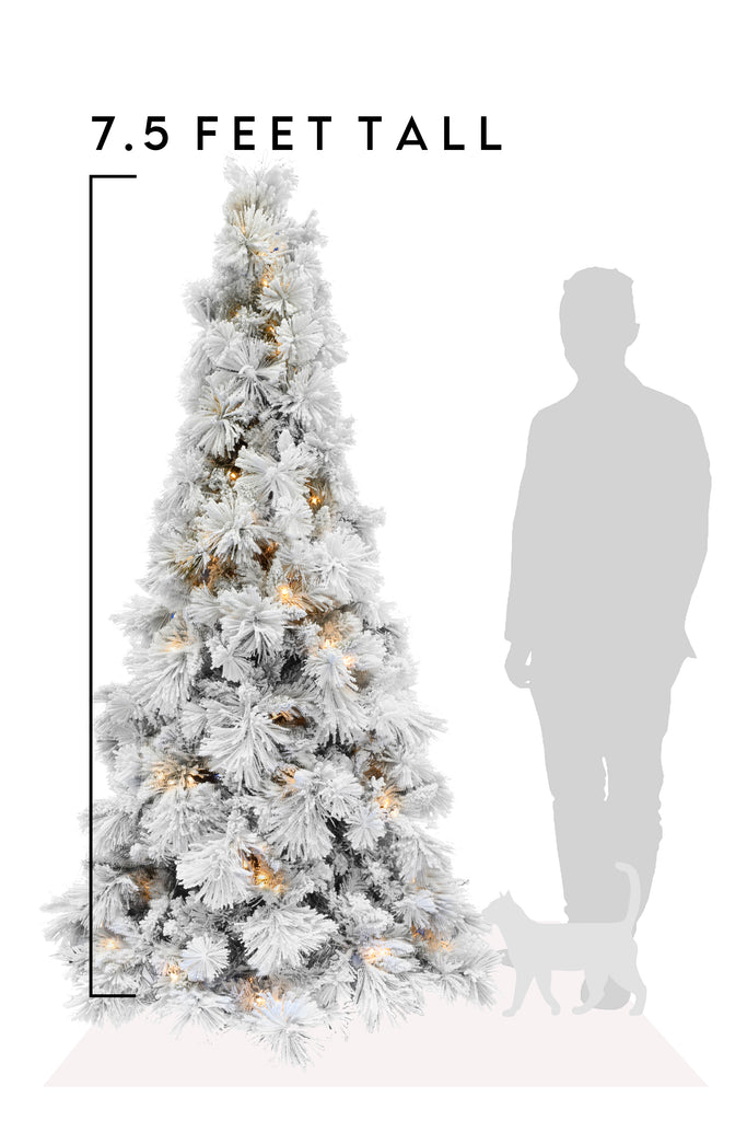 7.5 Feet Tall Pre-lit Slim Snow Flocked Atka Christmas Tree with Metal Stand and Instant Connect