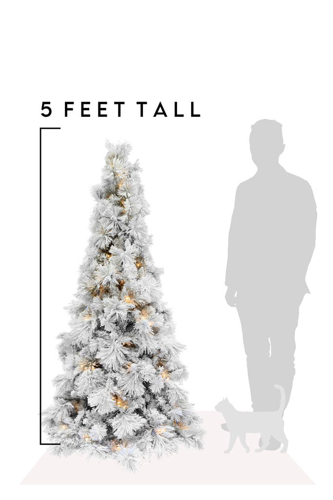5 Feet Tall Pre-lit Slim Snow Flocked Atka Christmas Tree with Metal Stand and Instant Connect