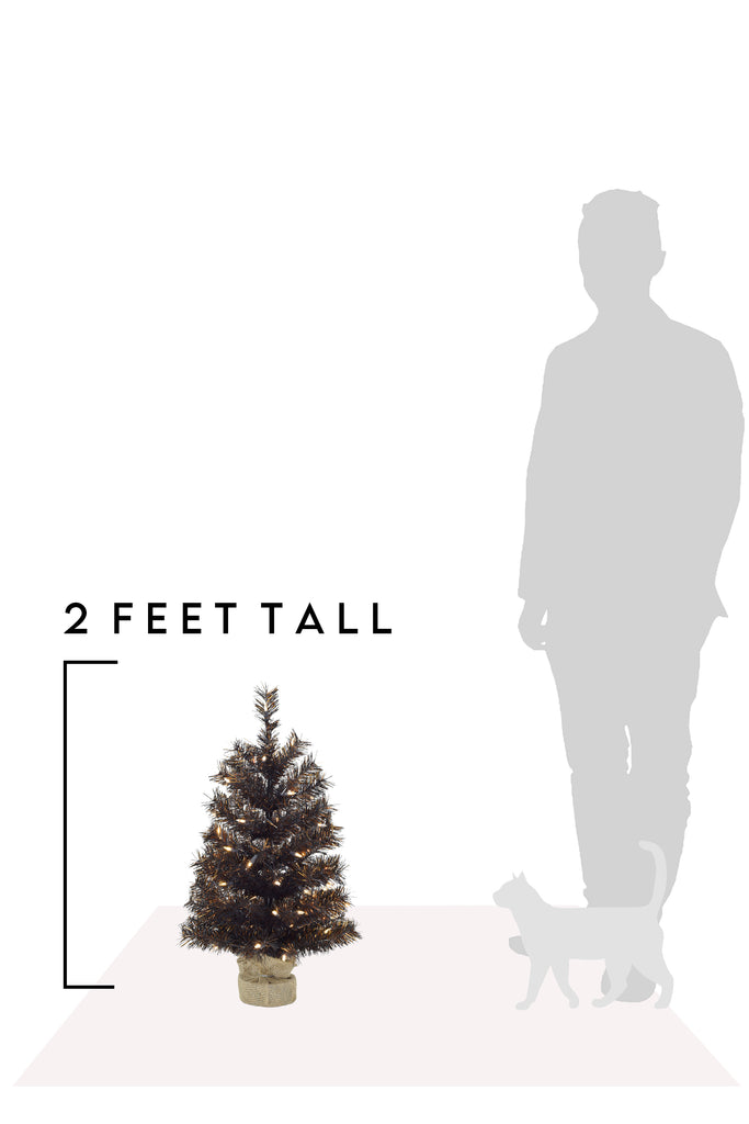 2 Feet Tall 24" Tabletop Matte Black Gold Tinsel Halloween Tree