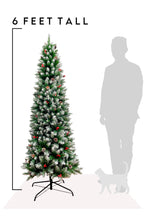 6 Feet Tall Frosted Norwood Pencil Pine with Pine Cones & Red Berries and Metal Stand