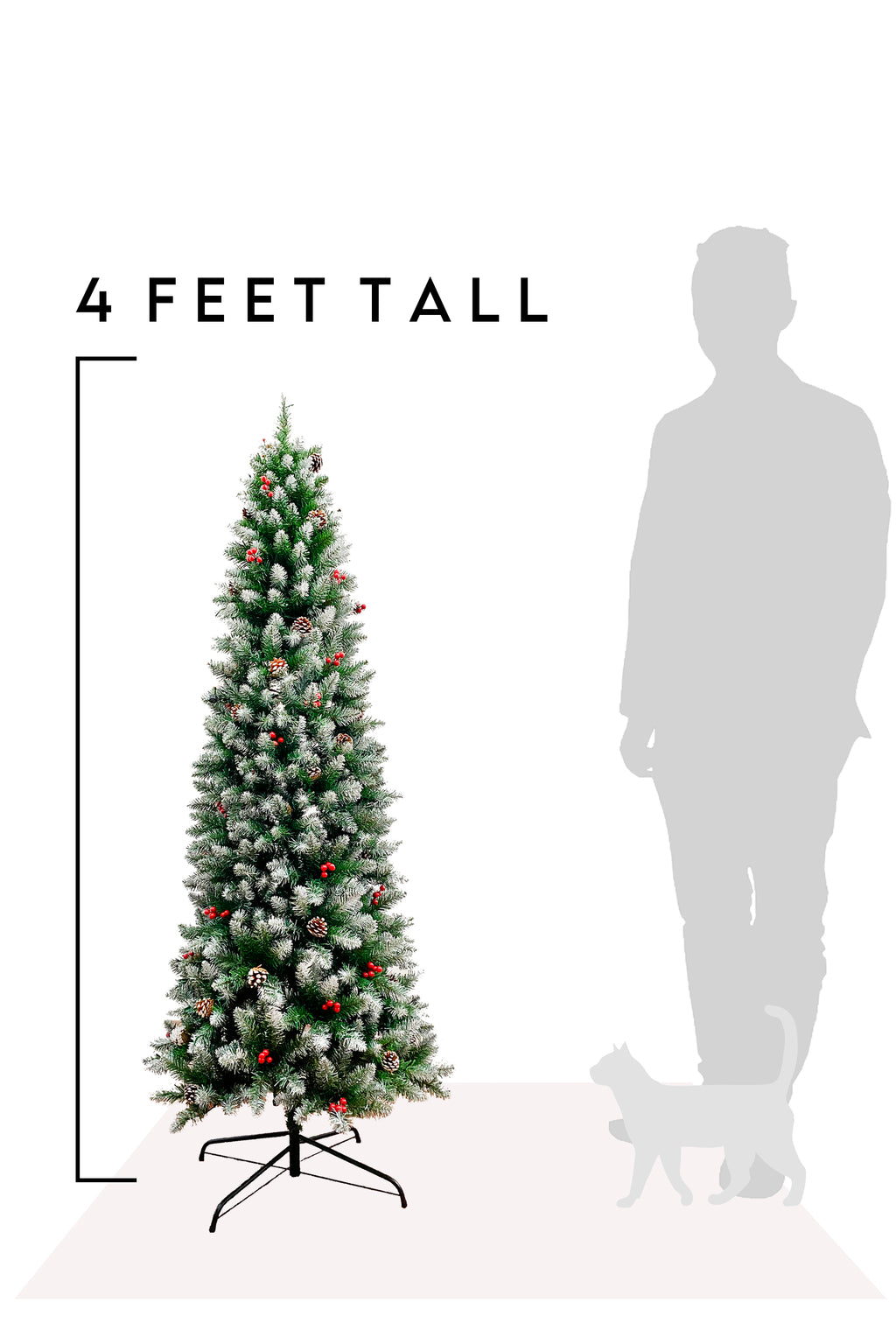 4 Feet Tall Frosted Norwood Pencil Pine with Pine Cones & Red Berries and Metal Stand