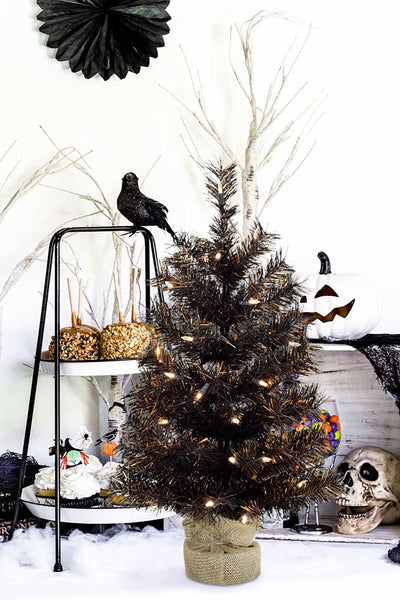 24" Tabletop Matte Black Gold Tinsel Halloween Tree