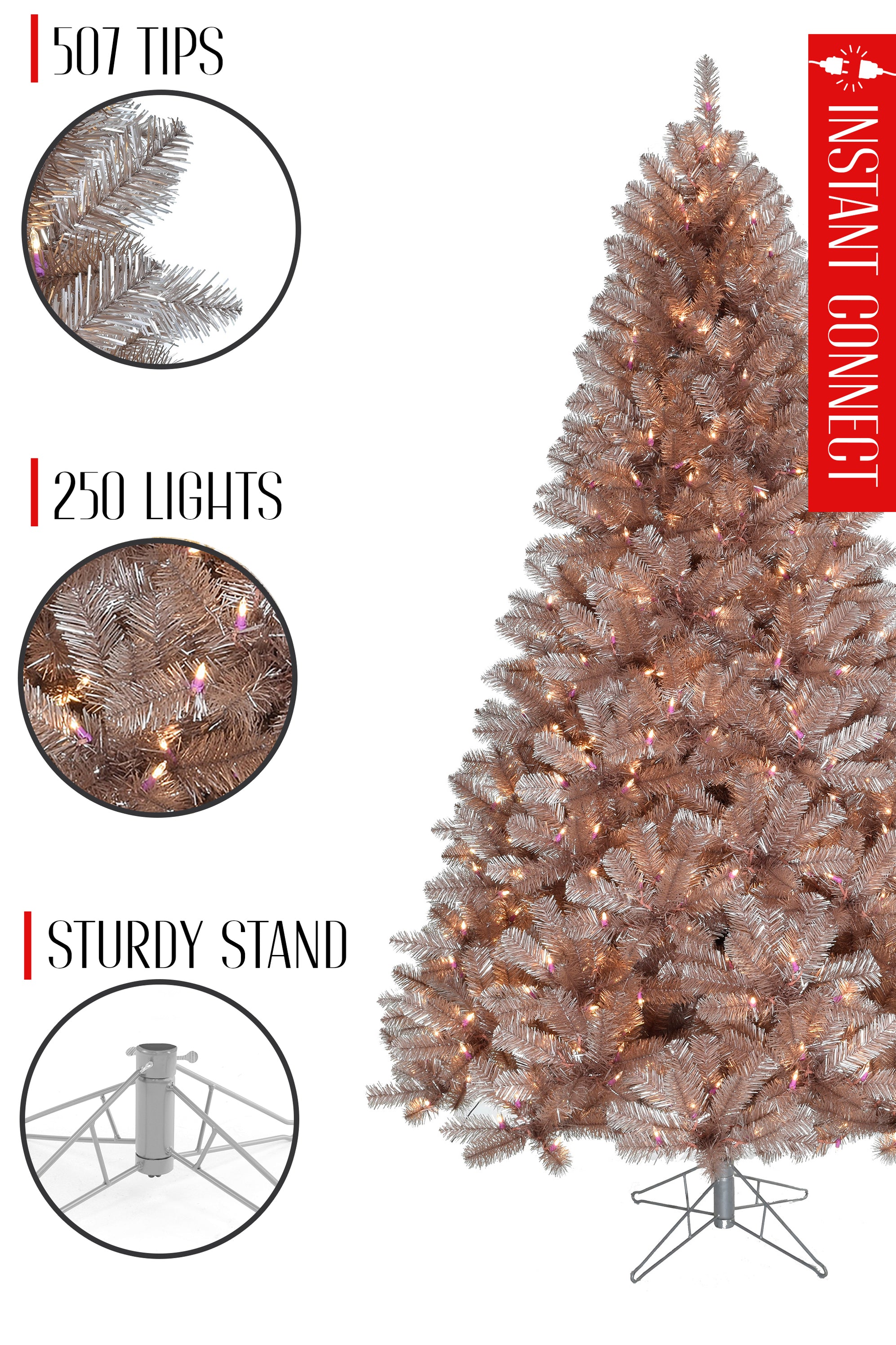 5' Pre-lit Multifunction Rose Gold Oregon Fir Tinsel Tree with Metal S ...