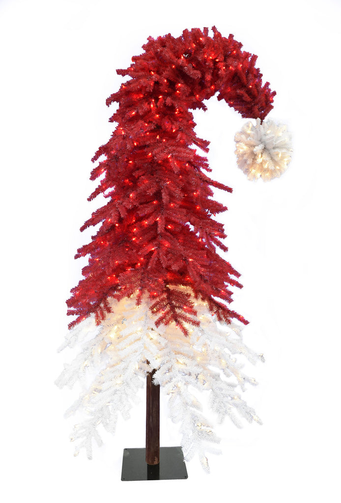 Holiday Home Decor Pre-lit Santa Hat Christmas Tree with Red and Warm White Lights and Square Metal Base