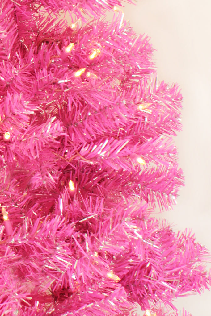 Holiday Home Decor Prelit Pink Christmas Tree with Silver Tinsel Needles Warm White Lights