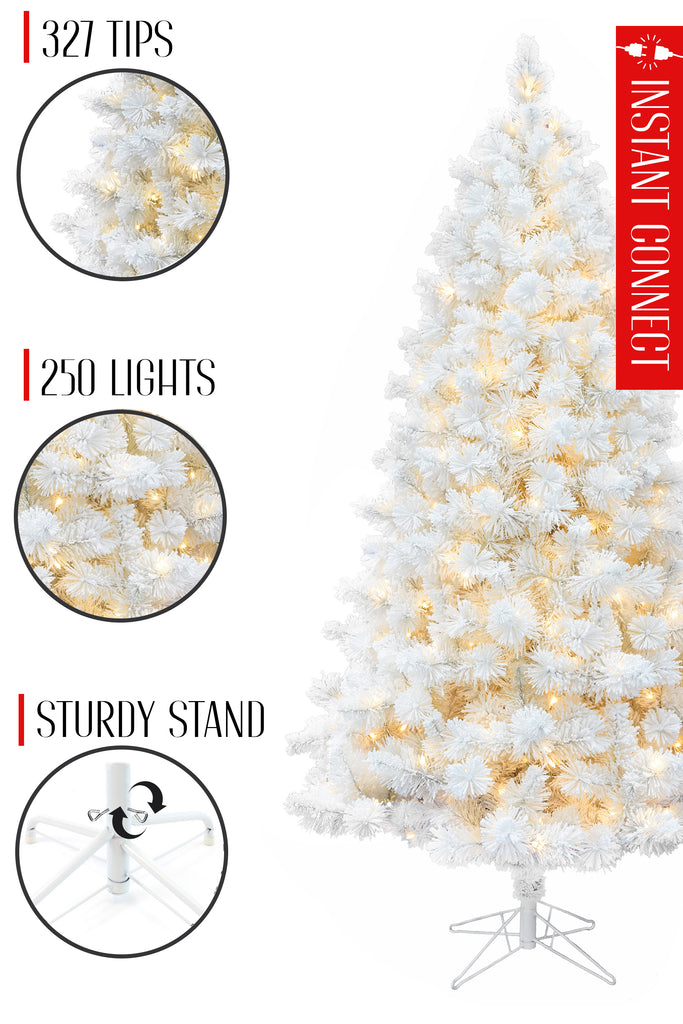 250 Lights 5' Pre-lit White Snow Flocked Castle Pine Christmas Tree with Metal Stand and Instant Connect