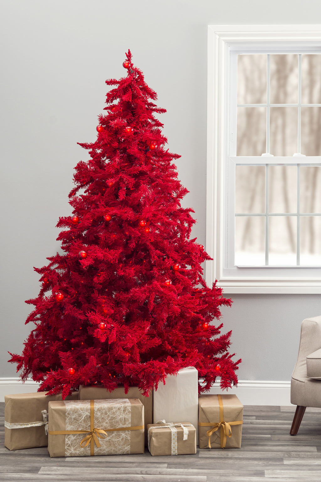 Prelit Ruby Red Christmas Tree with Small & Large Lights