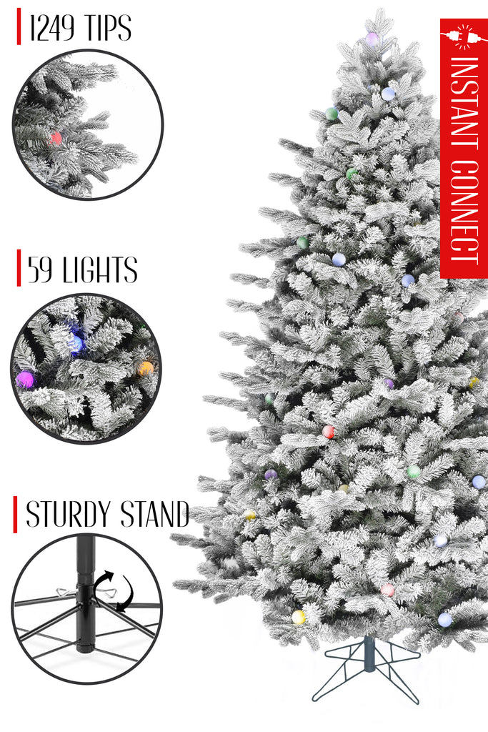 59 Lights Pre-lit Large Bulb Snow Flocked Grand Noble Fir with Metal Stand - Instant Connect Feature