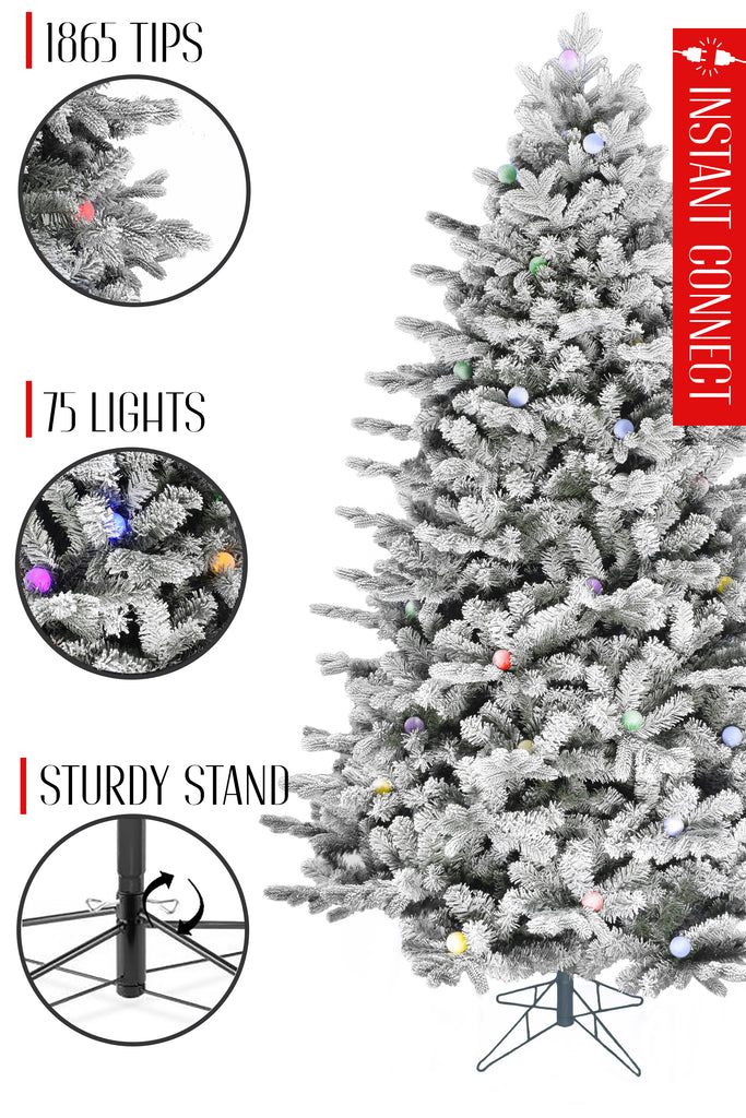 75 Lights Pre-lit Large Bulb Snow Flocked Grand Noble Fir with Metal Stand - Instant Connect Feature