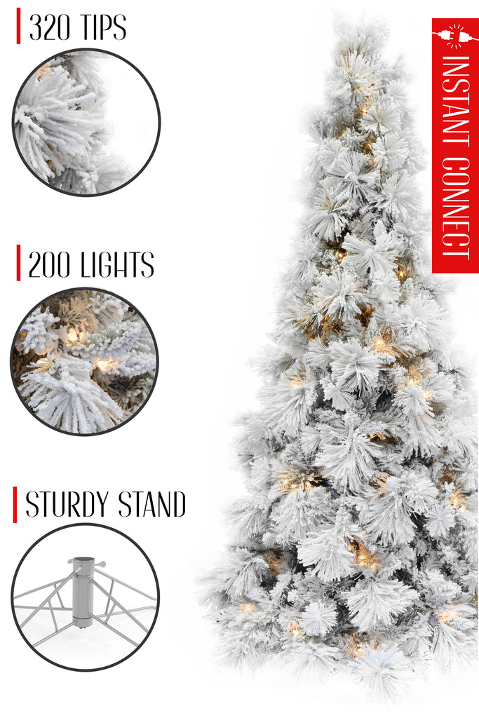 200 Lights Pre-lit Slim Snow Flocked Atka Christmas Tree with Metal Stand and Instant Connect