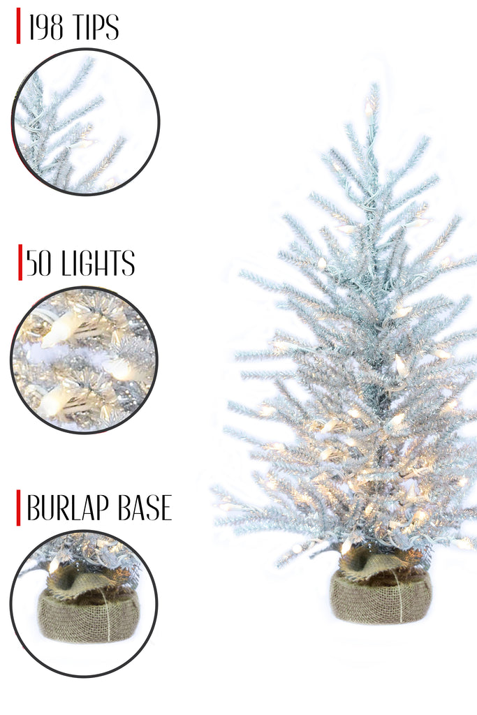 198 Tips 50 Lights 2' Pre-Lit Burlap Base Tinsel Tree