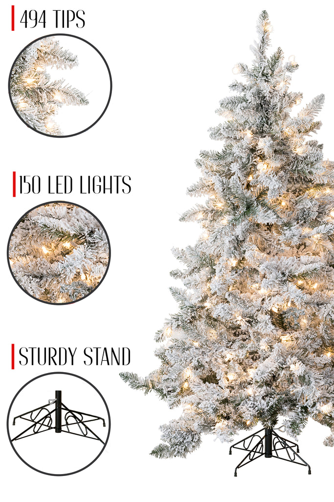 494 Tips 150 LED Lights 5' Prelit Alpine Spruce Snow Flocked Christmas Tree