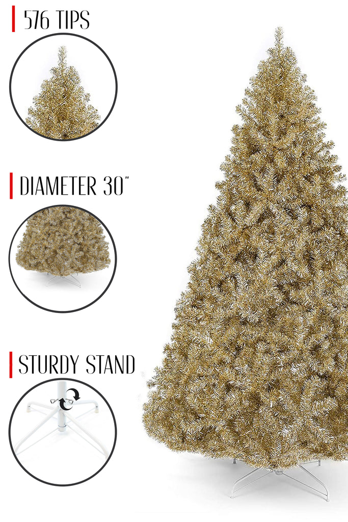 30 ' Diameter Full Bodied Metallic Gold Tinsel Tree with White Metal Stand