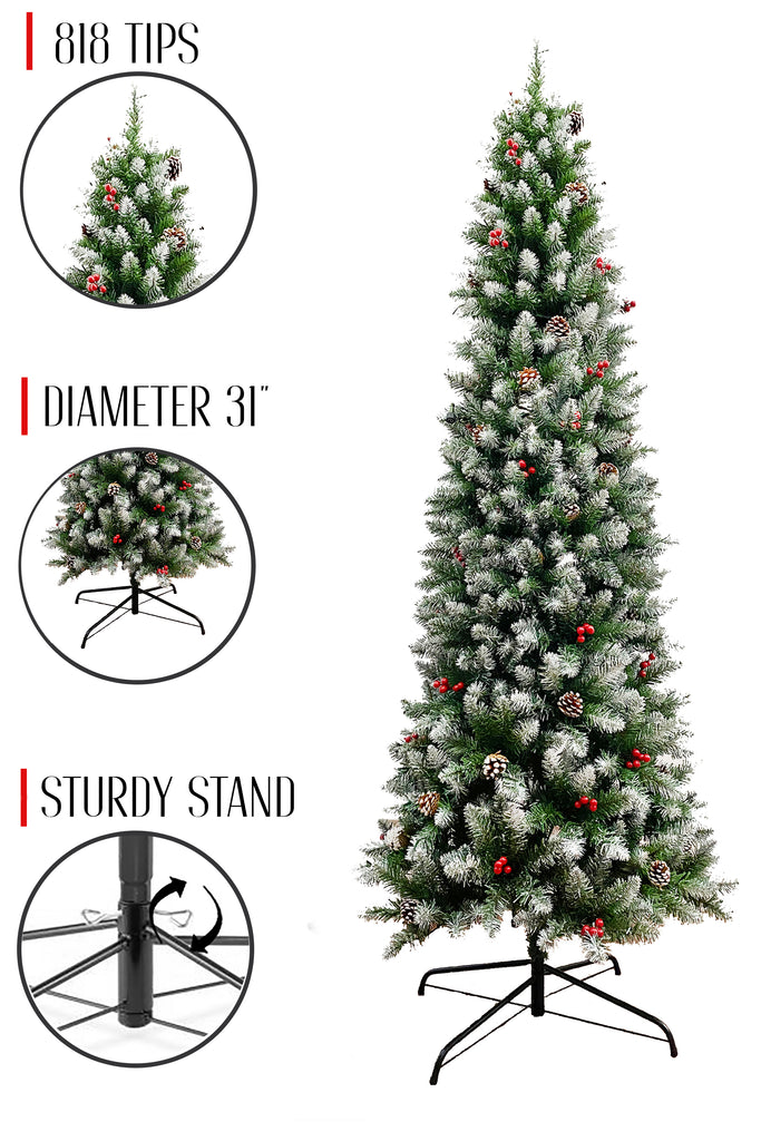 818 Tips Frosted Norwood Pencil Pine with Pine Cones & Red Berries and Metal Stand